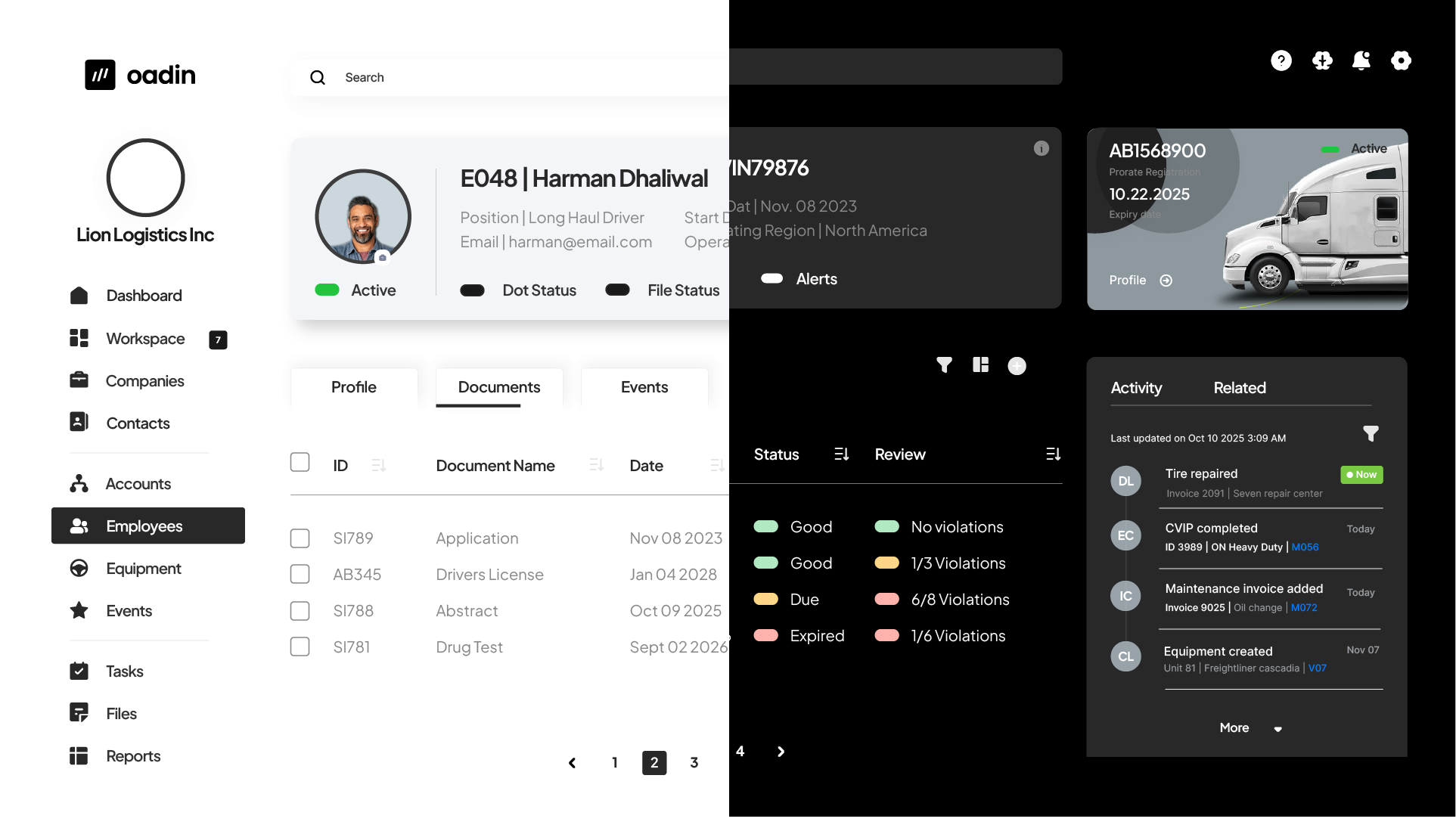 Employee screen truck screen driver management fleet management oadin trucking software