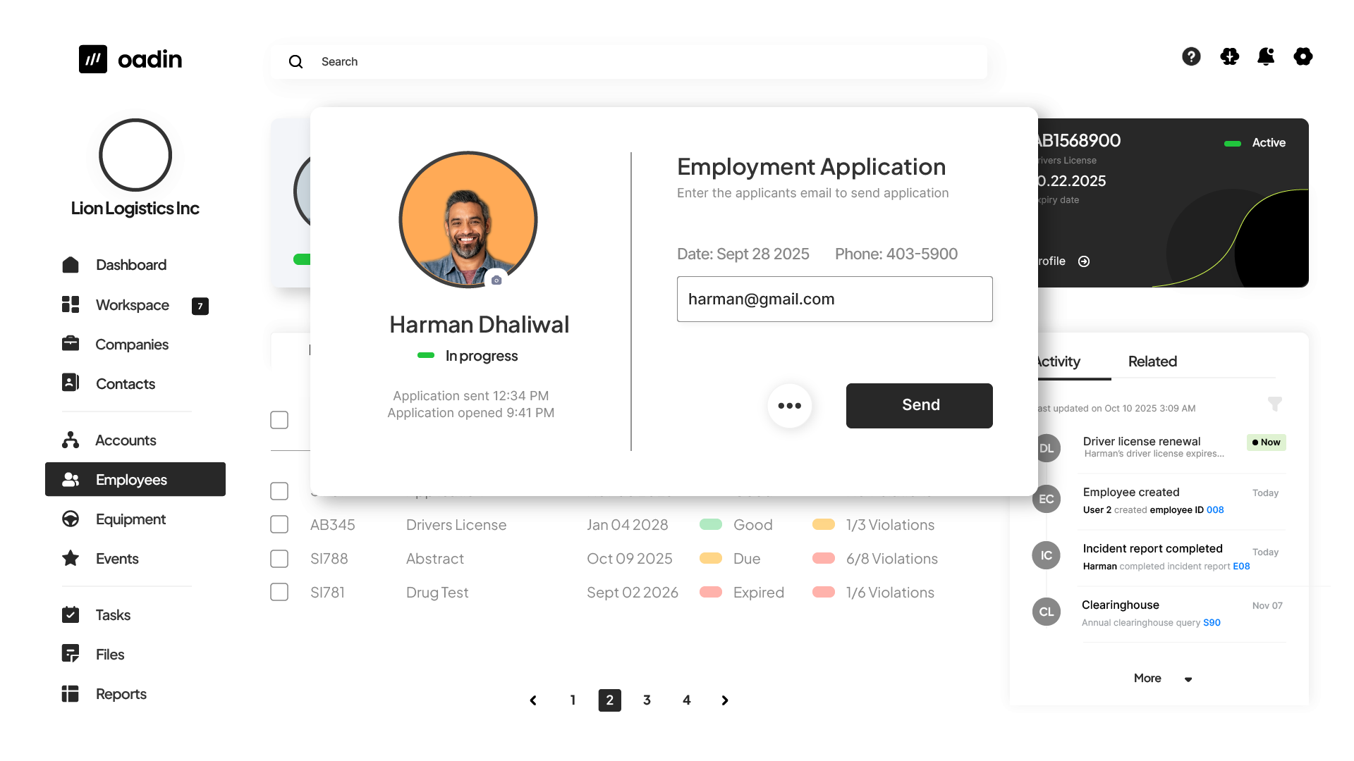 driver application feature oadin trucking software